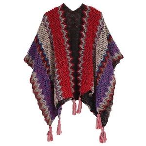 New Tassel Fringe Knit Ruana Poncho Open Front Shawl Kimono Multicolored Red